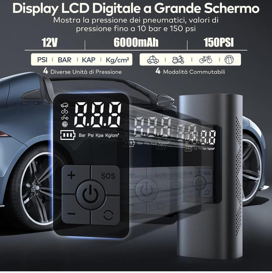 6000 mAh Mini Portable Air Compressor 150 PSI Electric Inflator with Rechargeable Battery, Digital LCD Screen, Pump for Bicycle, Car, Motorcycle, Scooter, Balls - BDIT ACCESSORI