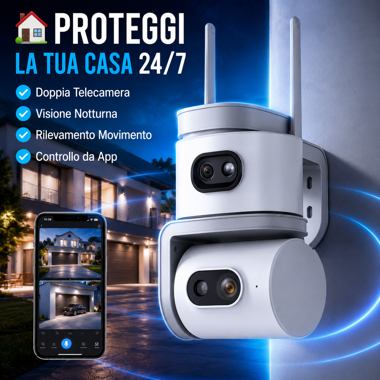 Telecamera WiFi Esterno Dual Lens, Telecamera di Sorveglianza 355° PTZ con Visione Notturna a Colori, Rilevamento Movimento, Audio Bidirezionale, WiFi 2.4 GHz, Controllo da App per Casa, Garage e Negozio