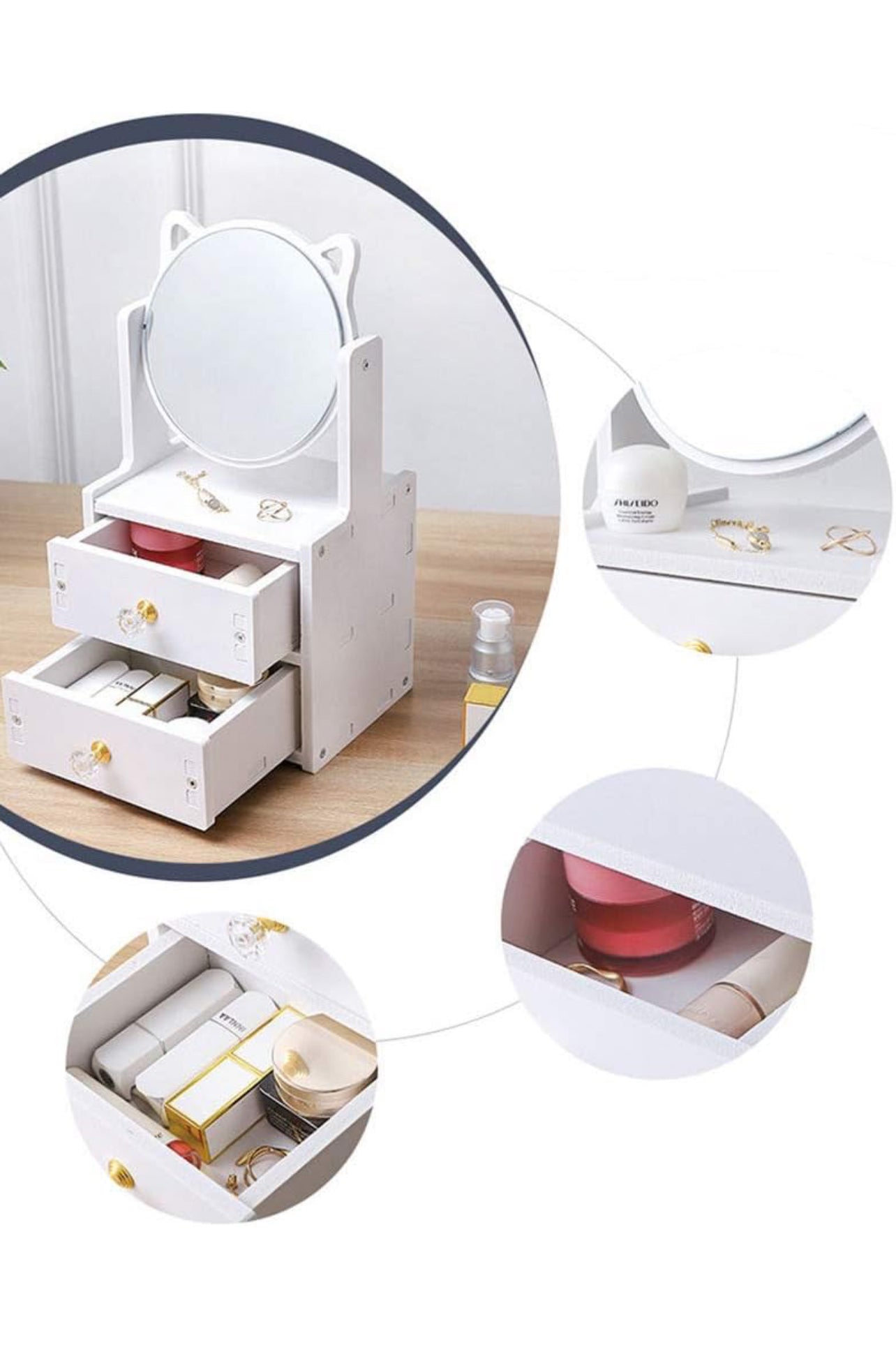 Specchiera da Tavolo con Cassetti – Organizer Make Up in Legno con Specchio Rotondo Orecchie Gatto