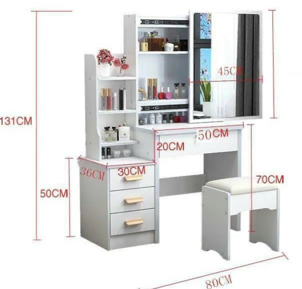 Tavolo da Toeletta con Specchio e Sgabello – Vanity Make Up con 3 Cassetti e Ripiani Portaoggetti – Design Moderno per Camera da Letto – Disponibile in Bianco e Rosa - BDIT ACCESSORI