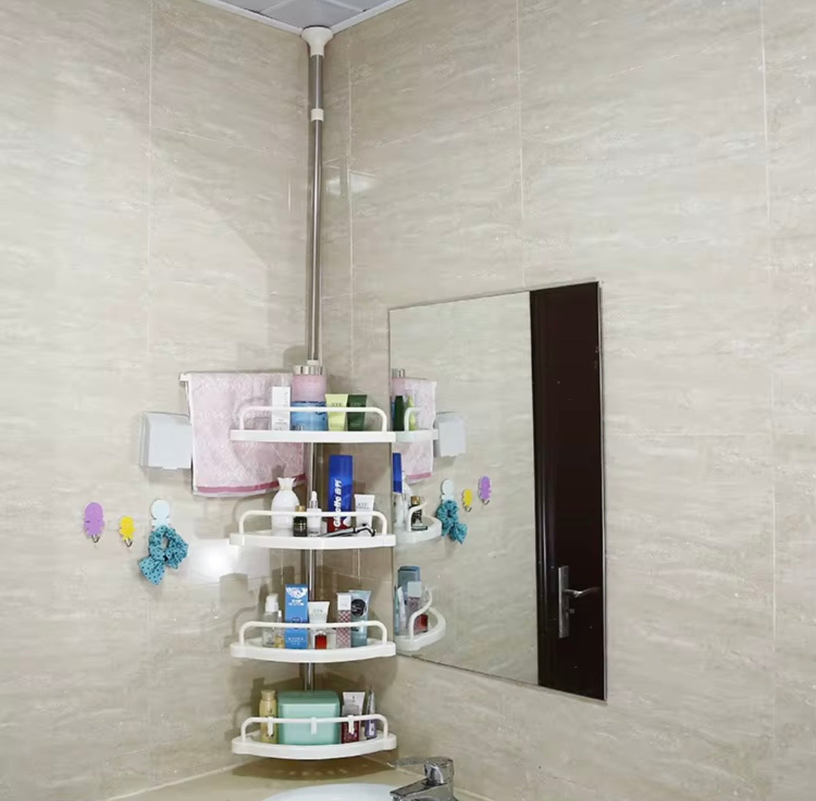 Mensola Angolare da Bagno e Cucina – Ripiano Estensibile a Colonna con 4 Ripiani Regolabili