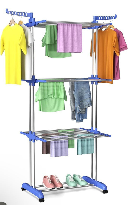 Stendibiancheria Pieghevole in Acciaio Inox e Plastica – Salvaspazio Verticale con 6 Ruote, Ganci e 4 Ripiani Regolabili – 168x54x68cm – Argento Blu – Per Interno - BDIT ACCESSORI