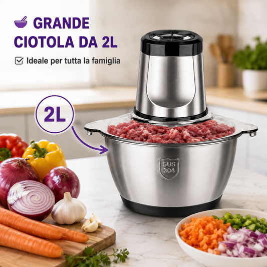 BDIT ACCESSORI Tritatutto Elettrico 2L con Ciotola in Acciaio Inox, Tritacarne Multiuso con Lame in Acciaio Inox per Carne, Verdure, Cipolle, Frutta, Frutta Secca ed Erbe Aromatiche
