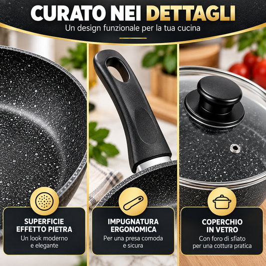 BDIT Accessori Set Pentole e Padelle 9 Pezzi Effetto Granito, Batteria da Cucina con Coperchi in Vetro, Padelle 22/25/30 cm, Casseruole 20/24 cm e Pentolino 14 cm, Nero Grigio