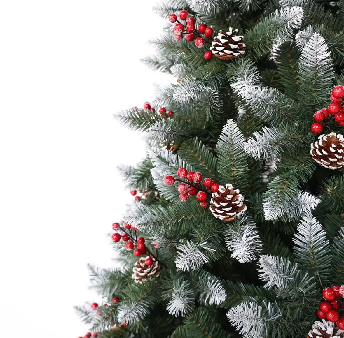 Albero di Natale Artificiale Flocked 120cm, Effetto Neve, Pigne e Bacche Rosse, Base Inclusa