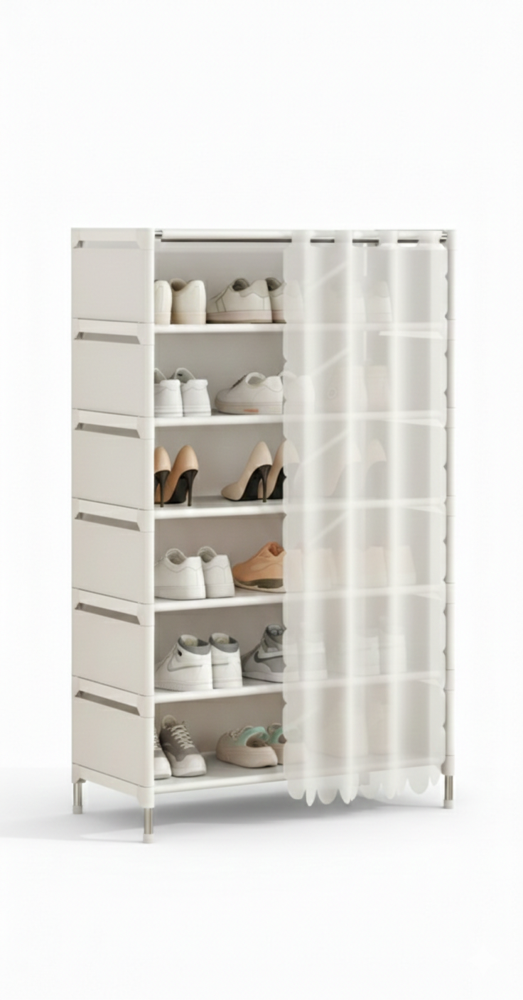 Scarpiera 7 Ripiani con Tenda – Colore Bianco – Struttura in Metallo e Ripiani in Stoffa – Organizer Salvaspazio 58x26x110 cm per Ingresso, Camera e Ripostiglio