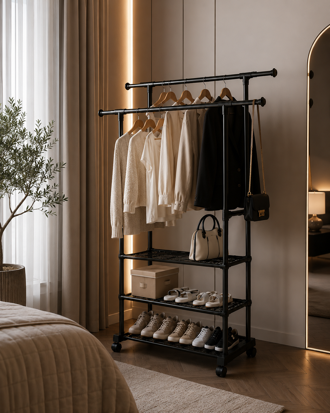 Appendiabiti da Terra con Ruote e Ripiani – Stand Appendiabiti Doppio Bastone in Acciaio Nero – Attaccapanni Salvaspazio per Camera, Ingresso e Cabina Armadio – 42x76x150 cm