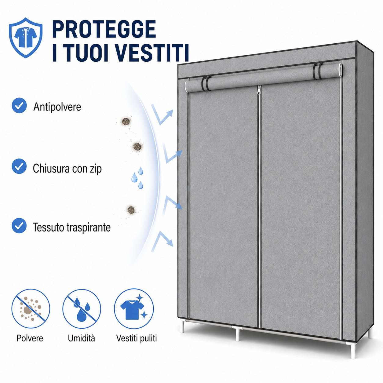 Armadio Guardaroba in Tessuto 175 × 105 × 45 cm, Armadio Pieghevole con Barra Appendiabiti e Ripiani, Armadio Salvaspazio con Struttura in Metallo e Chiusura con Cerniera, Colore Marrone