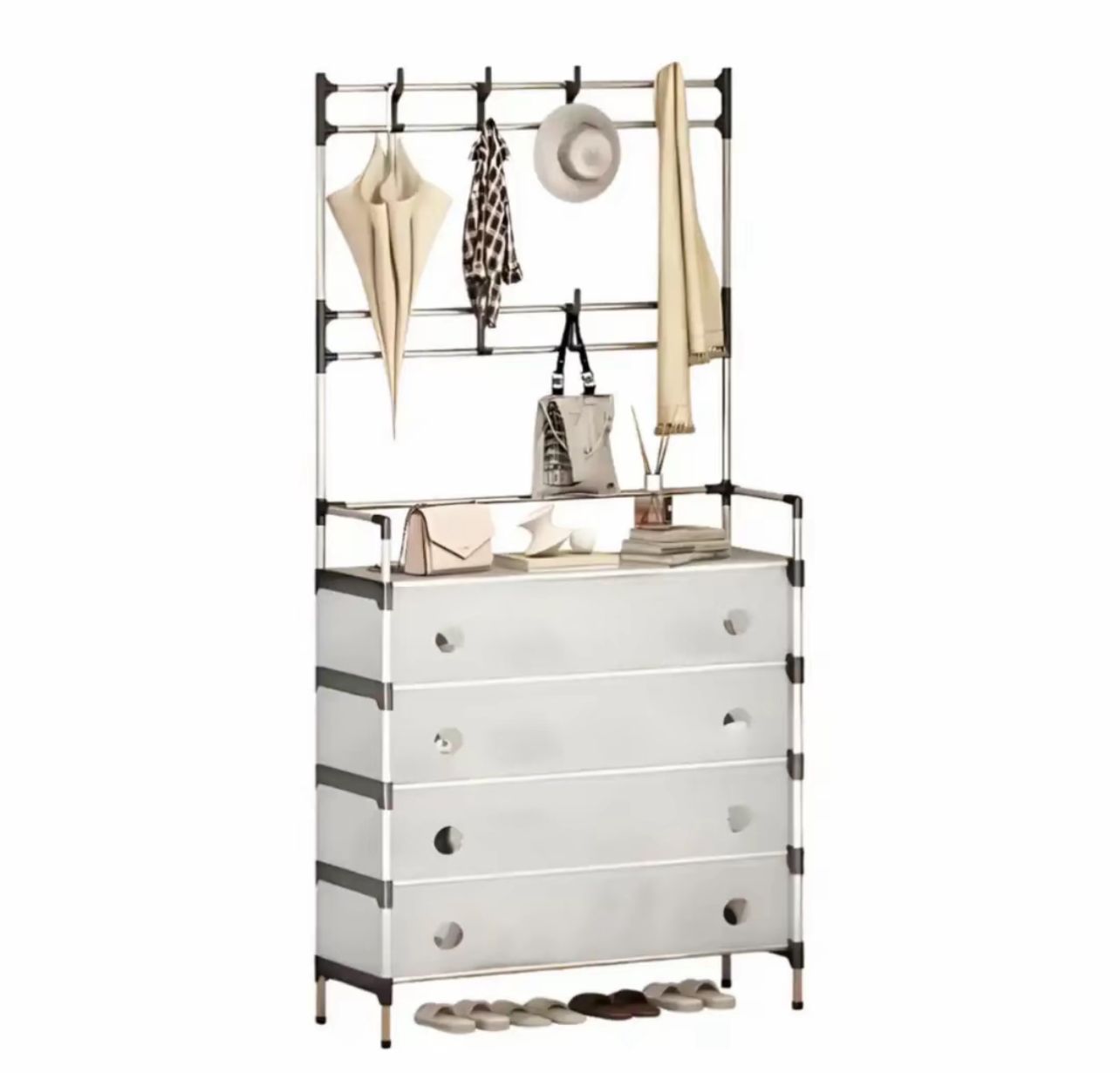 Mobile Organizer da Ingresso con Appendiabiti – Cassettiera Salvaspazio Multiuso con 4 Cassetti e Ganci