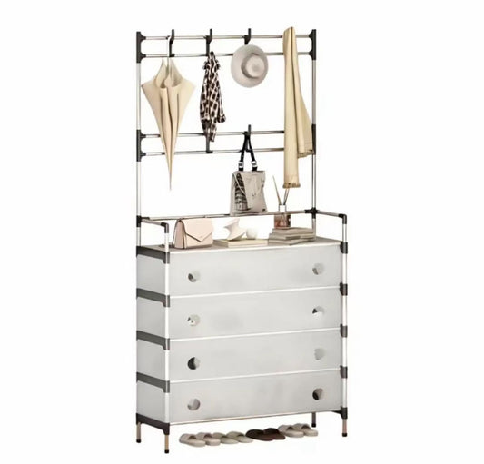 Mobile Organizer da Ingresso con Appendiabiti – Cassettiera Salvaspazio Multiuso con 4 Cassetti e Ganci