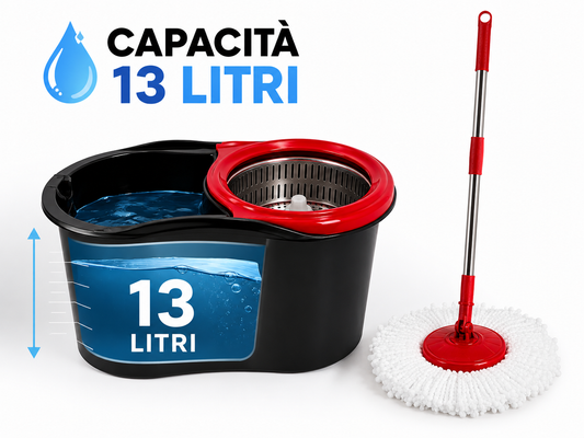 Mocio Rotante con Secchio 13 Litri, Sistema di Strizzatura con Cestello Rotante, Manico Telescopico 90-115 cm, Testa Snodabile 180°, Panno in Microfibra per Pavimenti, Casa e Pulizia