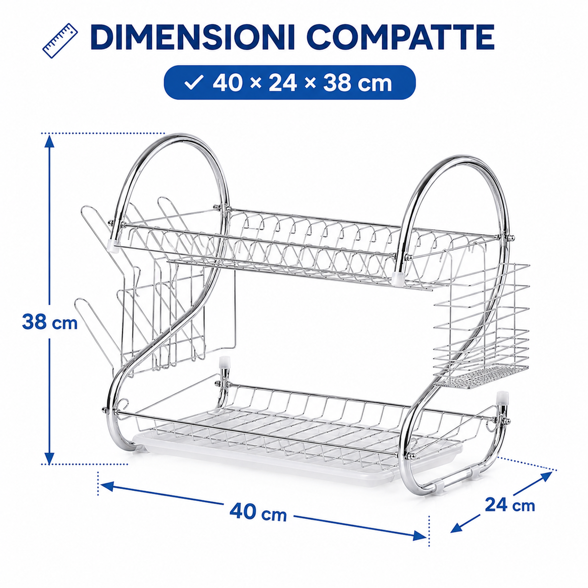 Scolapiatti da Cucina 2 Livelli 40 cm, Scolapiatti in Acciaio Cromato con Vaschetta Raccogligocce, Portaposate, Porta Bicchieri e Ganci Porta Tazze, Sgocciolatoio Salvaspazio per Piano Cucina
