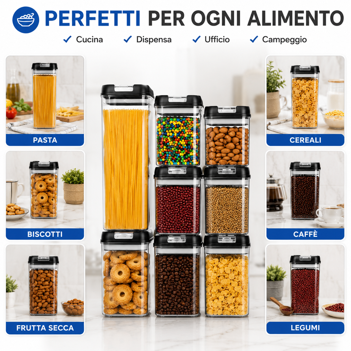 Set 7 Contenitori Ermetici per Alimenti con Coperchio Airtight, Barattoli Salvaspazio Impilabili per Pasta, Cereali, Caffè, Biscotti e Legumi, Contenitori Trasparenti per Cucina e Dispensa