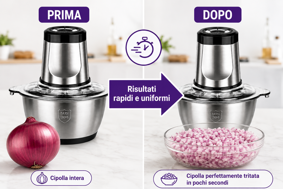 BDIT ACCESSORI Tritatutto Elettrico 2L con Ciotola in Acciaio Inox, Tritacarne Multiuso con Lame in Acciaio Inox per Carne, Verdure, Cipolle, Frutta, Frutta Secca ed Erbe Aromatiche