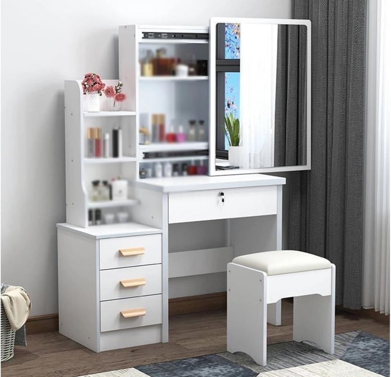 Tavolo da Toeletta con Specchio e Sgabello – Vanity Make Up con 3 Cassetti e Ripiani Portaoggetti – Design Moderno per Camera da Letto – Disponibile in Bianco e Rosa - BDIT ACCESSORI