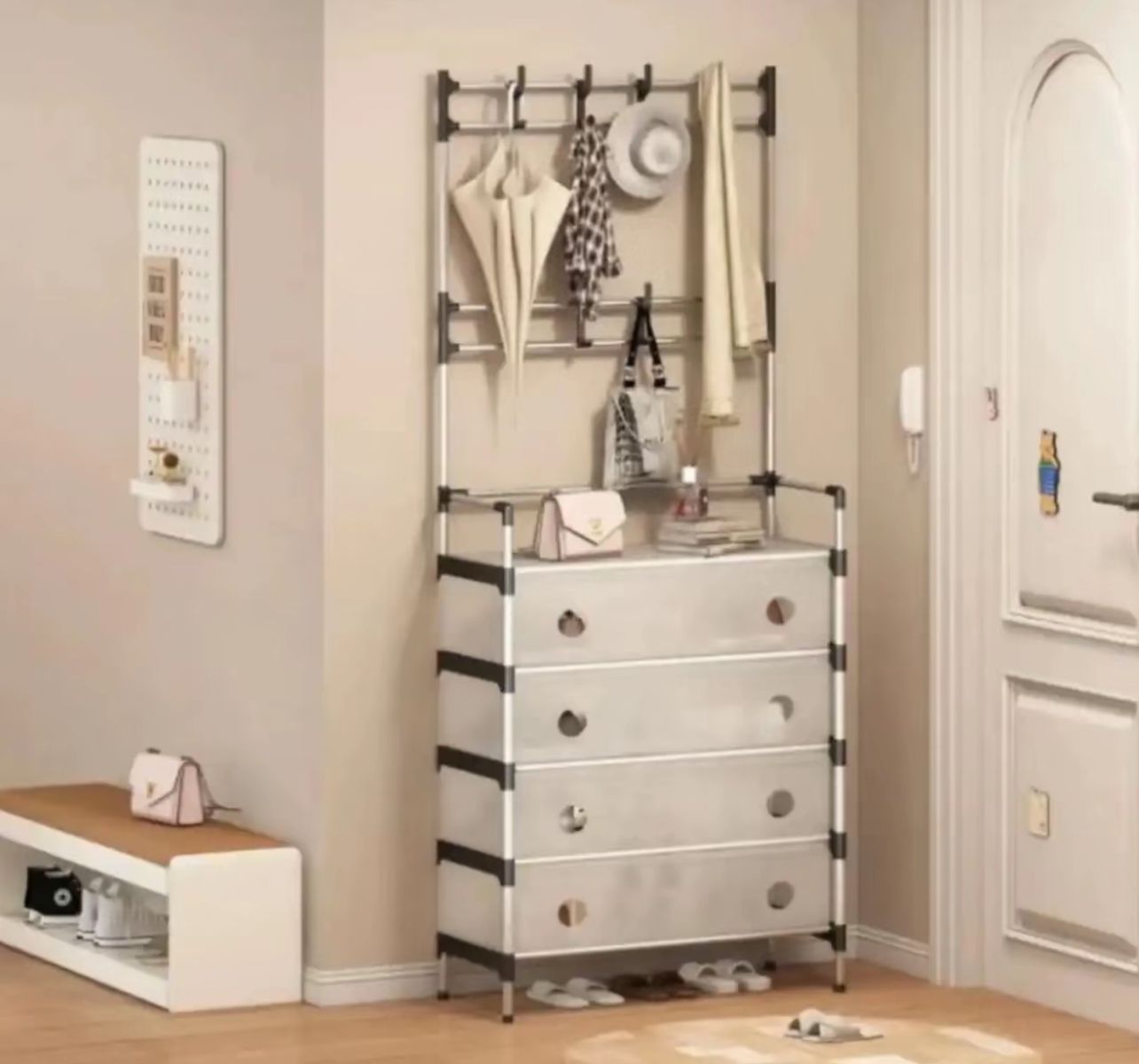 Mobile Organizer da Ingresso con Appendiabiti – Cassettiera Salvaspazio Multiuso con 4 Cassetti e Ganci