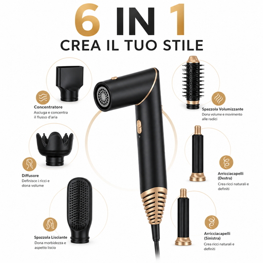 Asciugacapelli 6 in 1 con Accessori Intercambiabili, Styler per Capelli con Spazzola Volumizzante, Spazzola Lisciante, Diffusore, Concentratore e Accessori Arricciacapelli, Nero e Oro
