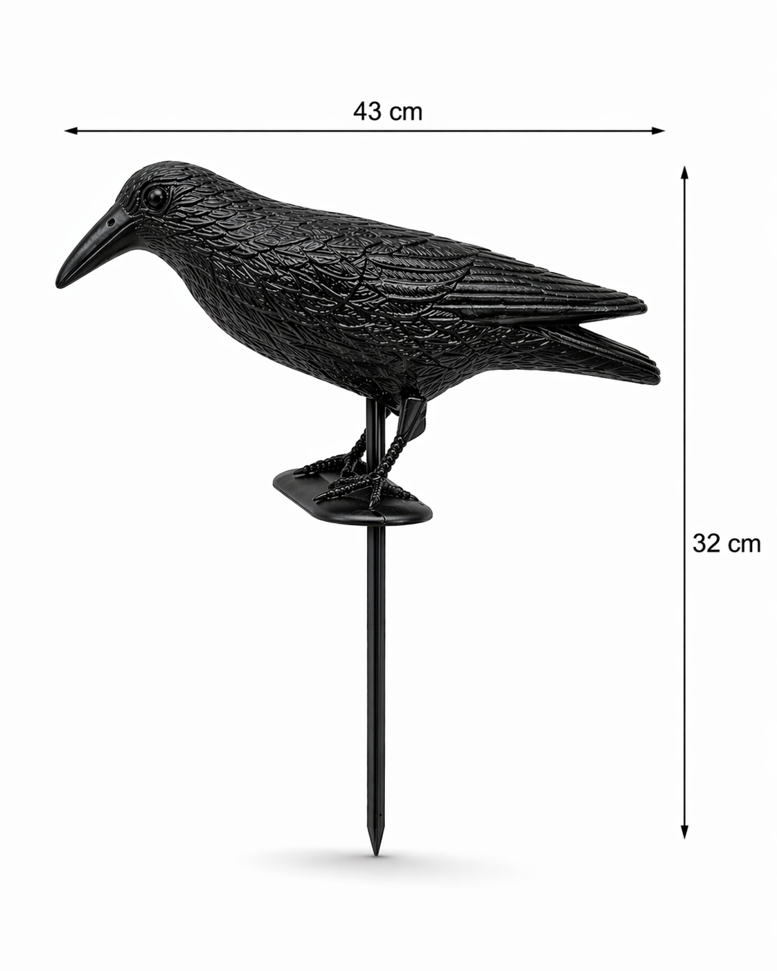 Corvo Spaventapasseri Grande 43 cm con Picchetto 32 cm, Dissuasore Uccelli Realistico Anti Piccioni per Giardino Balcone Terrazzo, Protezione Piante Orto