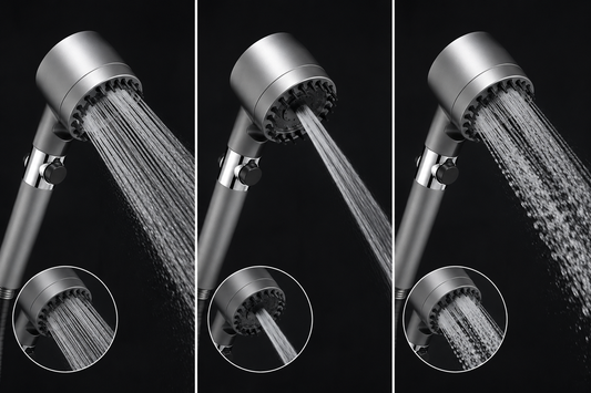 Soffione Doccia Alta Pressione con Pulsante Stop, Doccetta Multigetto 3 Modalità, Soffione Doccia con Ventola a Spirale e Filtro Integrato, Ugelli Anticalcare, Risparmio Idrico, Attacco Universale G1/2”