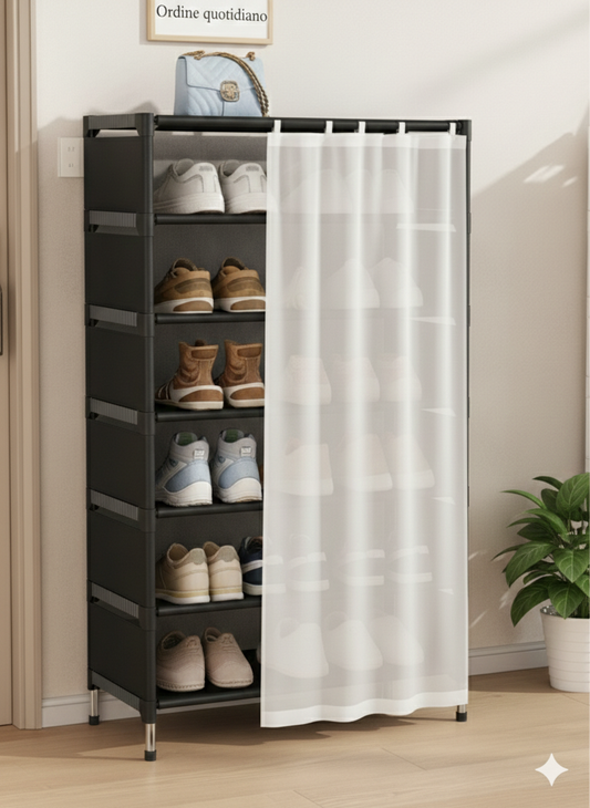Scarpiera 7 Ripiani con Tenda – Colore Bianco – Struttura in Metallo e Ripiani in Stoffa – Organizer Salvaspazio 58x26x110 cm per Ingresso, Camera e Ripostiglio