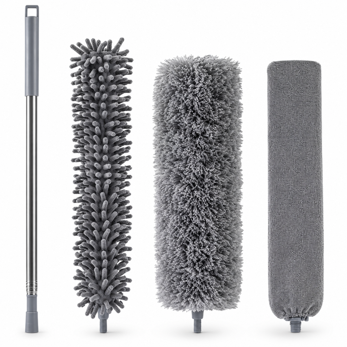 BDIT Accessori Set Piumino Catturapolvere Telescopico con 3 Testine Intercambiabili, Spolverino in Microfibra con Manico Estensibile, per Mobili, Letto, Lampade e Pulizia Casa, Grigio