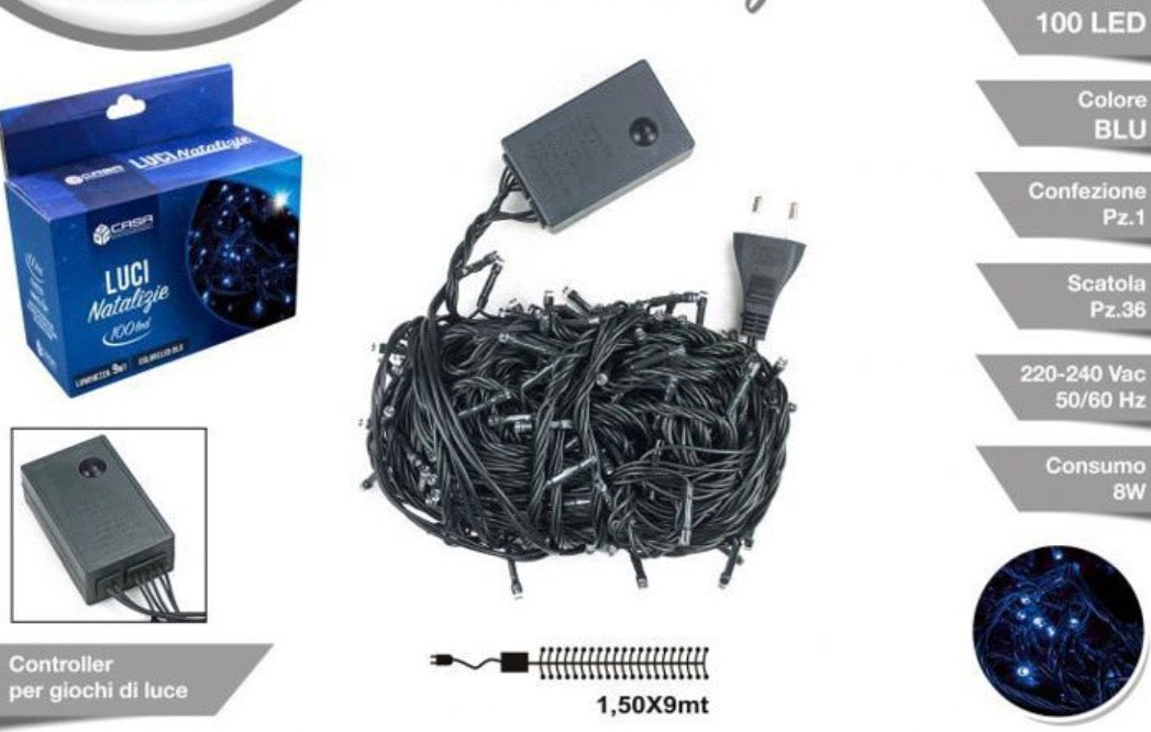 Luci Natalizie LED Blu – Catena luminosa 100 luci, 9 metri con giochi di luce