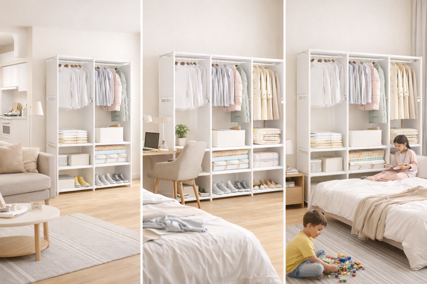 Armadio Guardaroba Aperto 130x170x36 cm con Ripiani e Barra Appendiabiti – Porta Abiti Salvaspazio in Metallo Bianco – Scaffale Vestiti Multifunzione per Camera da Letto, Cabina Armadio, Appartamento