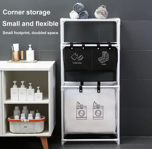 Carrello Portabiancheria Salvaspazio su Ruote - Organizer Lavanderia a 3 Livelli con Ceste Separatori
