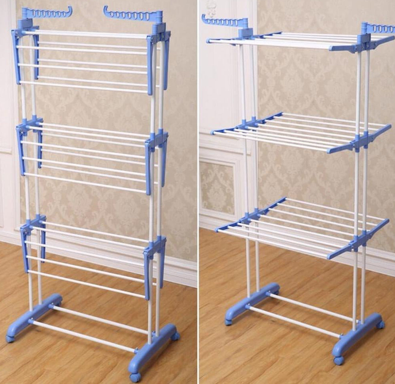 Stendibiancheria Pieghevole in Acciaio Inox e Plastica – Salvaspazio Verticale con 6 Ruote, Ganci e 4 Ripiani Regolabili – 168x54x68cm – Argento Blu – Per Interno - BDIT ACCESSORI