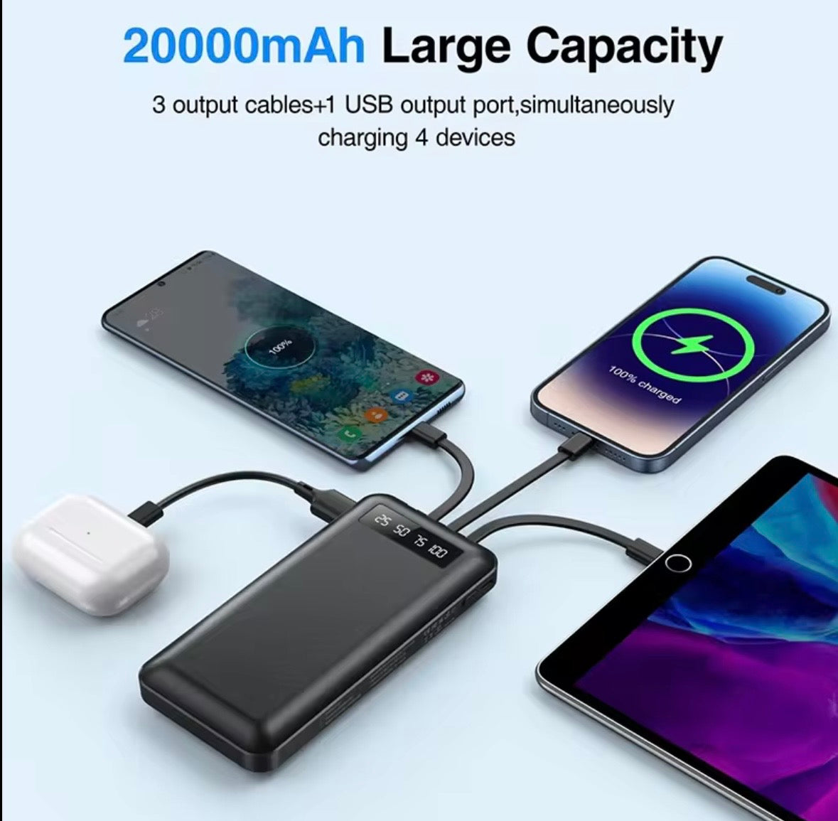 Power Bank 20000 mAh PFT — Caricatore Portatile USB & Type-C | Batteria Esterna Rapida con Display LED, Lightning, Micro, 2×USB