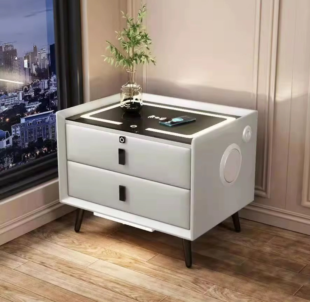 Bdit accessori-Comodino multifunzionale moderno con prese integrate, ricarica wireless e speaker – Design elegante con 2 cassetti