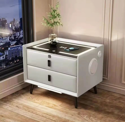 Bdit accessori-Comodino multifunzionale moderno con prese integrate, ricarica wireless e speaker – Design elegante con 2 cassetti