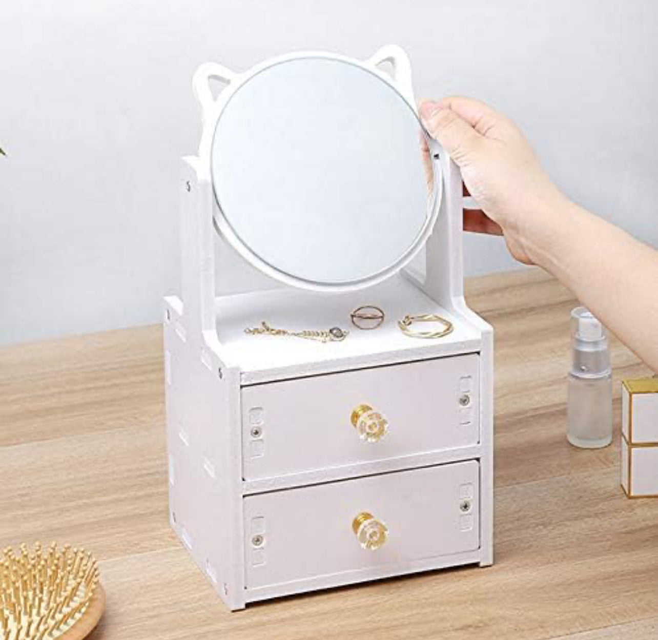 Specchiera da Tavolo con Cassetti – Organizer Make Up in Legno con Specchio Rotondo Orecchie Gatto