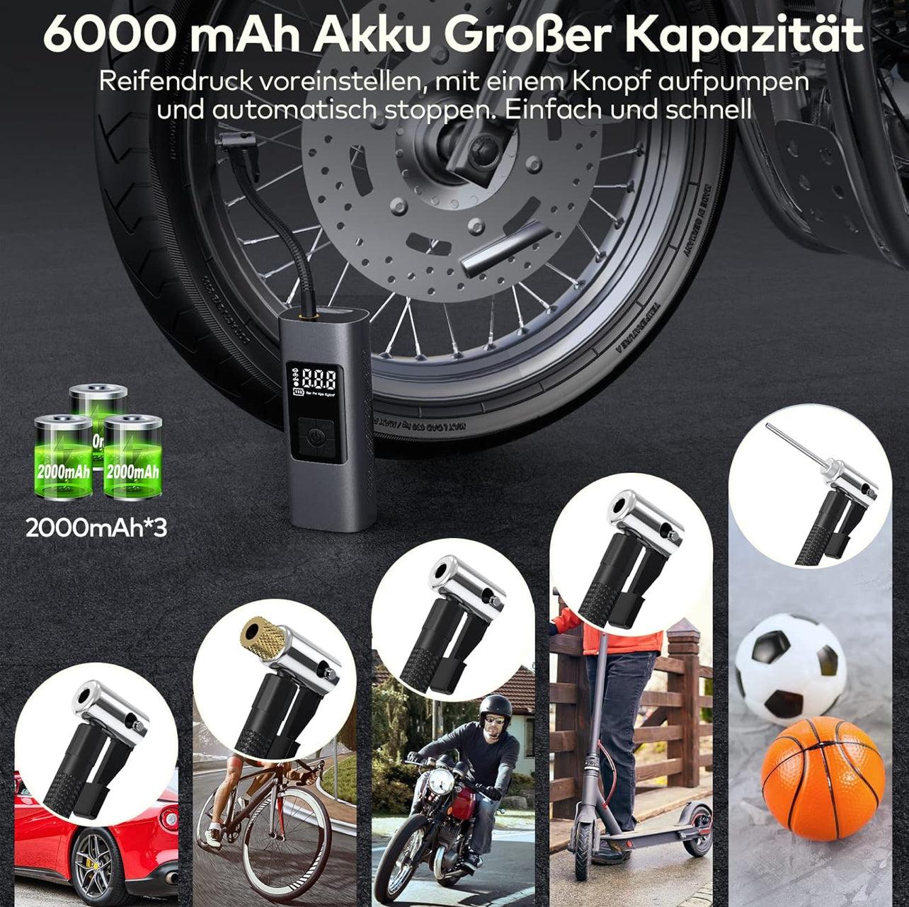 6000 mAh Mini Portable Air Compressor 150 PSI Electric Inflator with Rechargeable Battery, Digital LCD Screen, Pump for Bicycle, Car, Motorcycle, Scooter, Balls - BDIT ACCESSORI