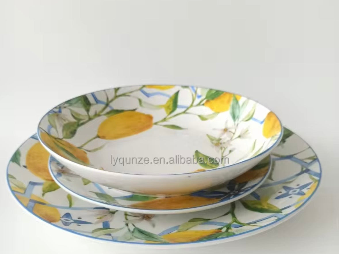Set di piatti in ceramica con limoni – Stile maiolica siciliana, design mediterraneo