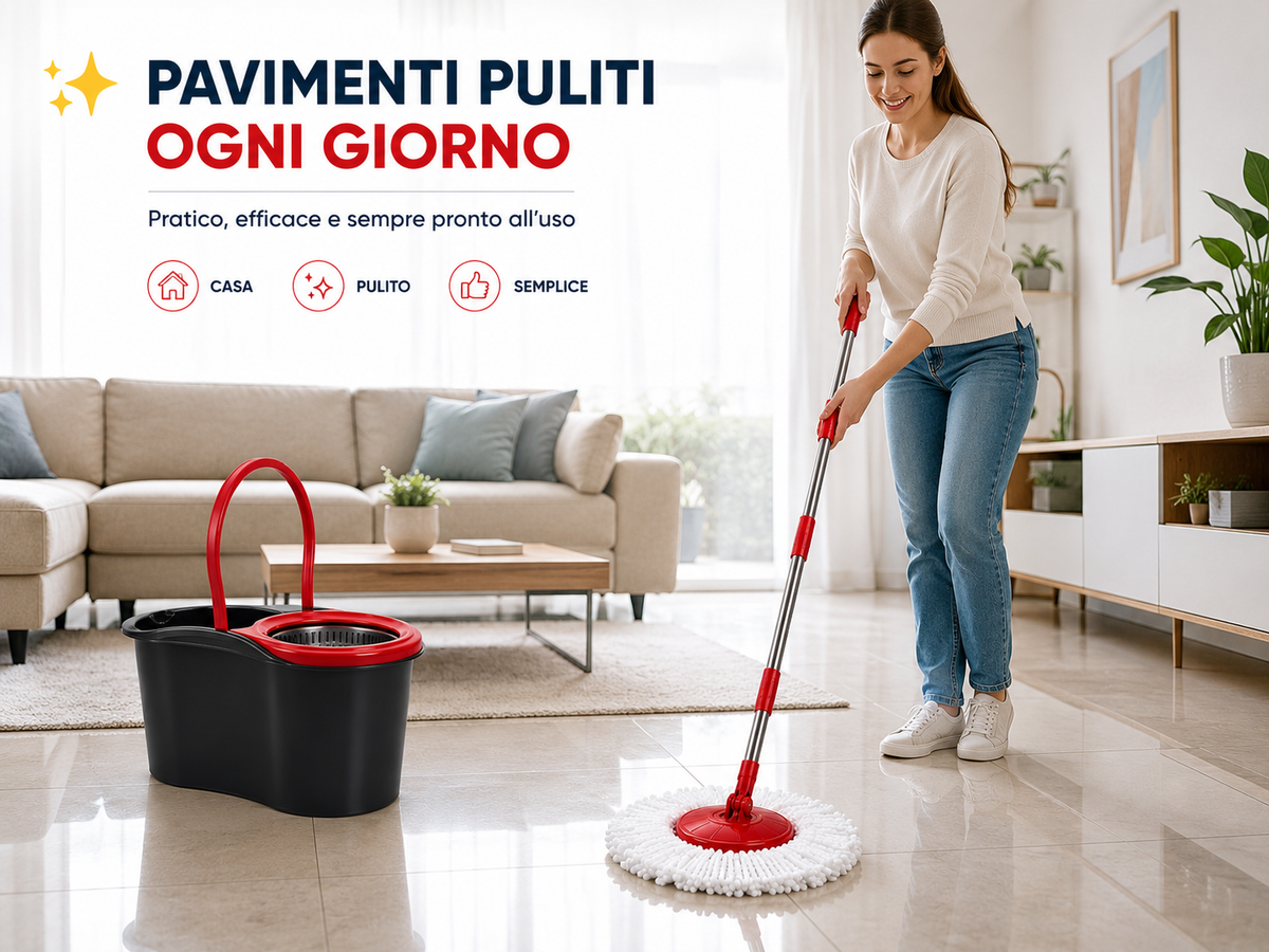 Mocio Rotante con Secchio 13 Litri, Sistema di Strizzatura con Cestello Rotante, Manico Telescopico 90-115 cm, Testa Snodabile 180°, Panno in Microfibra per Pavimenti, Casa e Pulizia
