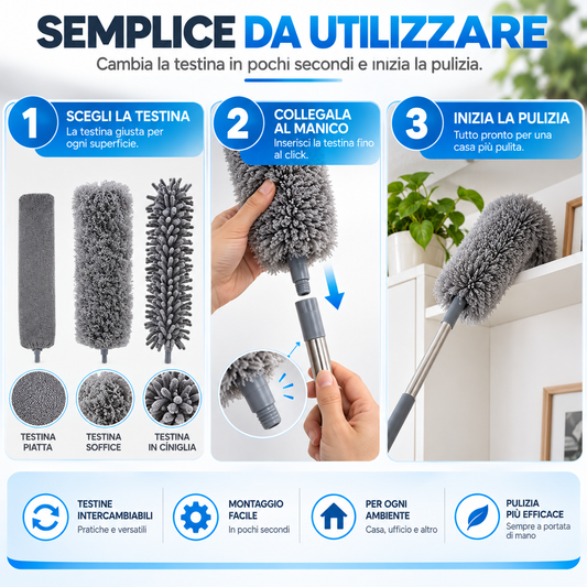 BDIT Accessori Set Piumino Catturapolvere Telescopico con 3 Testine Intercambiabili, Spolverino in Microfibra con Manico Estensibile, per Mobili, Letto, Lampade e Pulizia Casa, Grigio