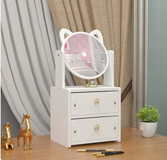 Specchiera da Tavolo con Cassetti – Organizer Make Up in Legno con Specchio Rotondo Orecchie Gatto