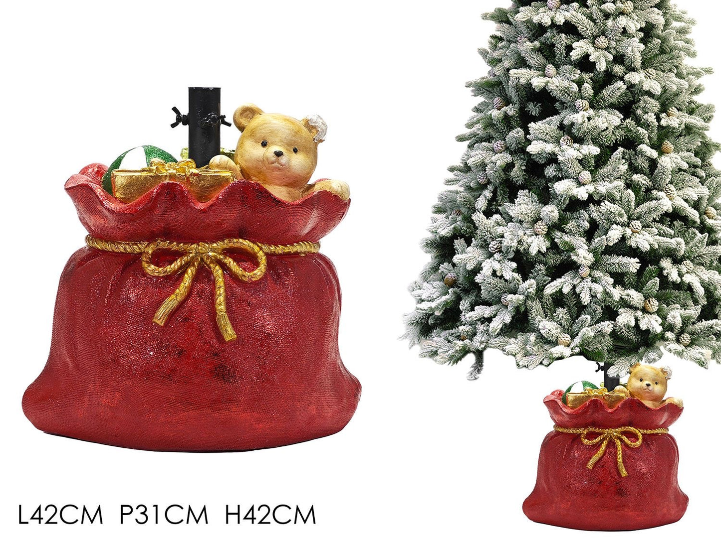 🎄 Base Albero di Natale a Sacco Regalo con Orsetto e Decorazioni – Supporto Decorativo per Albero Natalizio 🎁