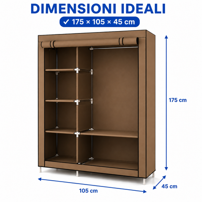Armadio Guardaroba in Tessuto 175 × 105 × 45 cm, Armadio Pieghevole con Barra Appendiabiti e Ripiani, Armadio Salvaspazio con Struttura in Metallo e Chiusura con Cerniera, Colore Marrone