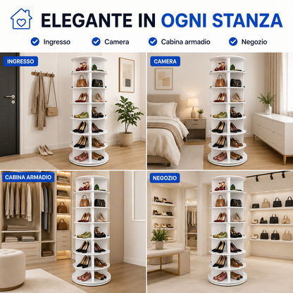 BDIT Accessori Scarpiera Girevole 360°, Scarpiera Rotante a 7 Livelli con 28 Scomparti, 147,4 × 59 cm, Mobile Porta Scarpe Salvaspazio, Organizzatore per Scarpe, Borse e Accessori, Bianca, per Ingresso, Camera e Cabina Armadio