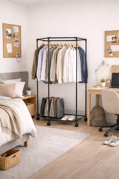 Appendiabiti con Ruote 120x70x36 cm – Stand Appendiabiti Esagonale Salvaspazio in Metallo – Armadio Aperto Mobile con 4 Ruote per Camera, Ingresso, Negozio, Appartamento