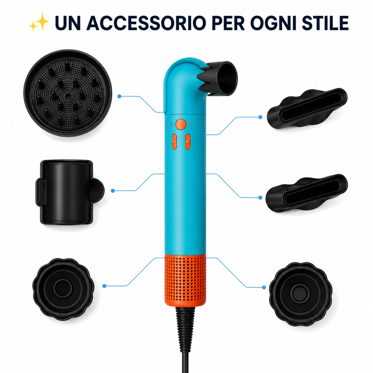Asciugacapelli con Accessori Intercambiabili, Super Hairdryer Multifunzione per Asciugatura e Styling, Diffusore e Bocchette, Comandi Integrati, Phon con Cavo per Uso Quotidiano a Casa