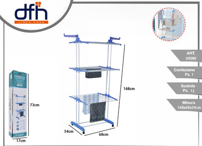Stendibiancheria Pieghevole in Acciaio Inox e Plastica – Salvaspazio Verticale con 6 Ruote, Ganci e 4 Ripiani Regolabili – 168x54x68cm – Argento Blu – Per Interno - BDIT ACCESSORI
