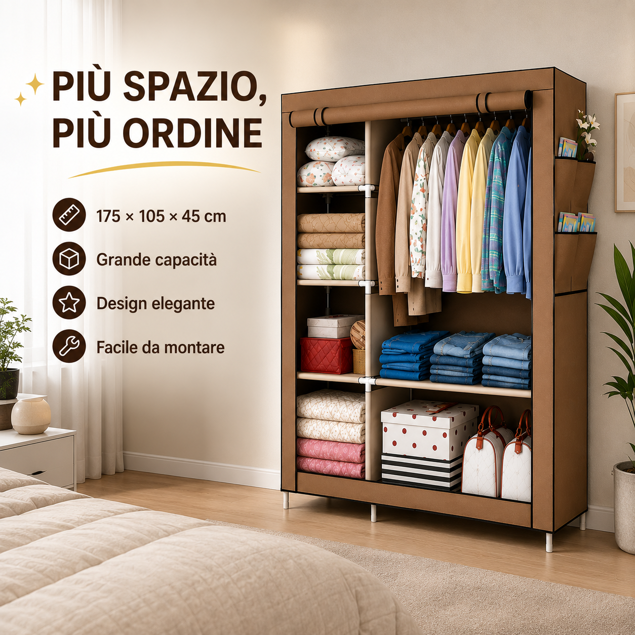 Armadio Guardaroba in Tessuto 175 × 105 × 45 cm, Armadio Pieghevole con Barra Appendiabiti e Ripiani, Armadio Salvaspazio con Struttura in Metallo e Chiusura con Cerniera, Colore Marrone