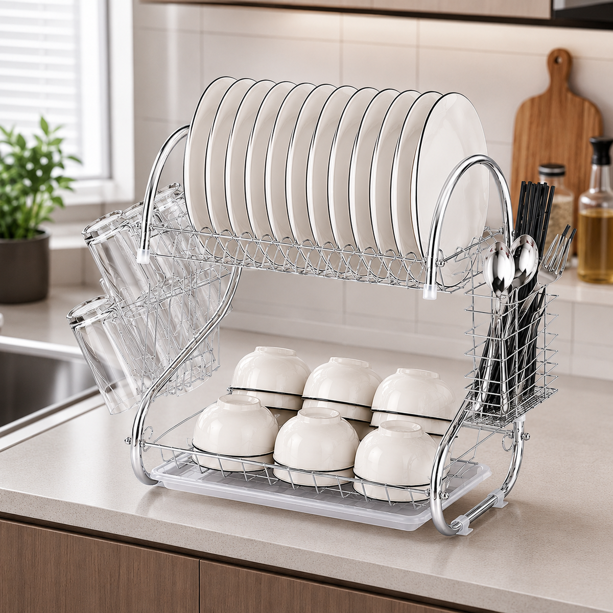 Scolapiatti da Cucina 2 Livelli 40 cm, Scolapiatti in Acciaio Cromato con Vaschetta Raccogligocce, Portaposate, Porta Bicchieri e Ganci Porta Tazze, Sgocciolatoio Salvaspazio per Piano Cucina