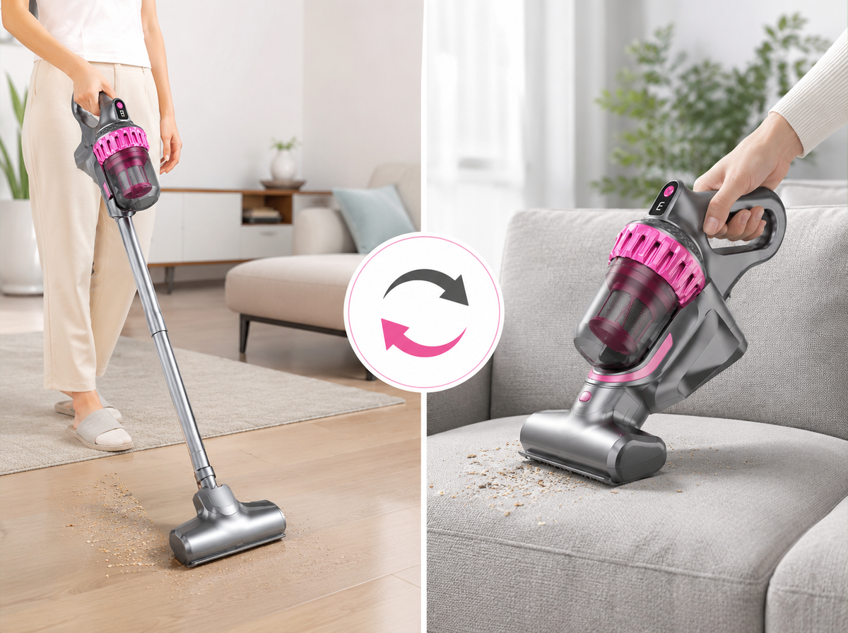 Aspirapolvere 2 in 1 Scopa Elettrica e Aspirapolvere Portatile, Design Compatto, Contenitore Polvere Trasparente, Impugnatura Pratica, per Pavimenti, Tappeti, Divano e Pulizia della Casa, Grigio/Rosa