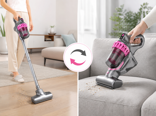 Aspirapolvere 2 in 1 Scopa Elettrica e Aspirapolvere Portatile, Design Compatto, Contenitore Polvere Trasparente, Impugnatura Pratica, per Pavimenti, Tappeti, Divano e Pulizia della Casa, Grigio/Rosa