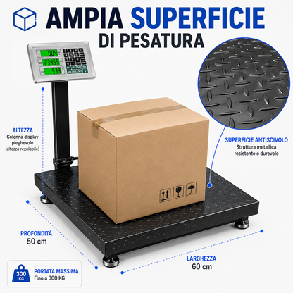 BDIT ACCESSORI Bilancia Digitale Professionale 300 kg, Bilancia Elettronica a Piattaforma con Display LCD e Tastiera, Ampia Pedana, per Magazzino, Deposito, Negozio e Pacchi