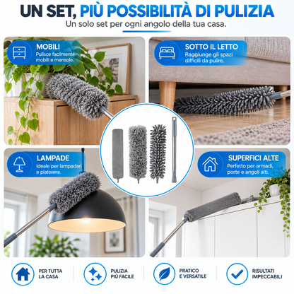 BDIT Accessori Set Piumino Catturapolvere Telescopico con 3 Testine Intercambiabili, Spolverino in Microfibra con Manico Estensibile, per Mobili, Letto, Lampade e Pulizia Casa, Grigio